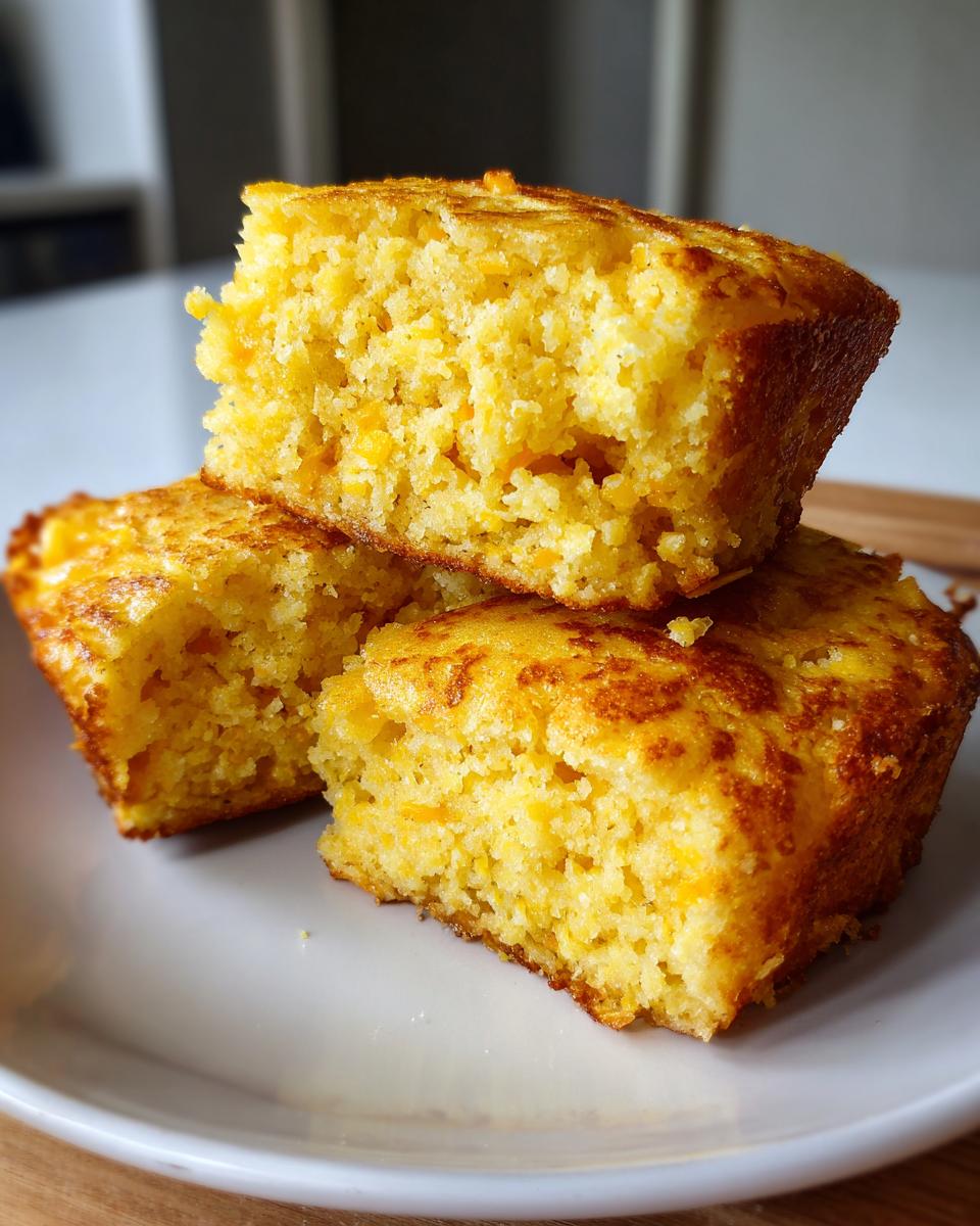 Three golden-brown squares of moist fried cornbread stacked on a white plate.