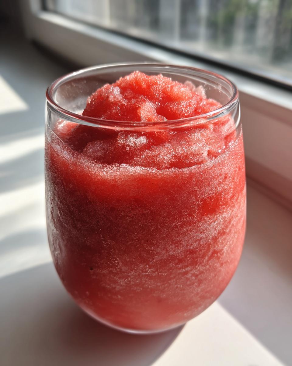 A close-up shot of a bright red, icy strawberry daiquiri served in a clear glass, sitting in sunlight.
