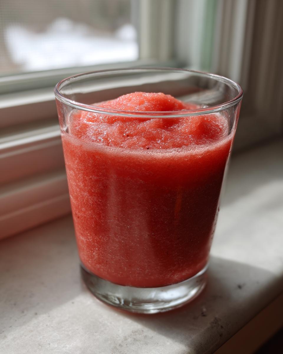 A close-up of a bright red, frozen strawberry daiquiri served in a clear glass on a windowsill.