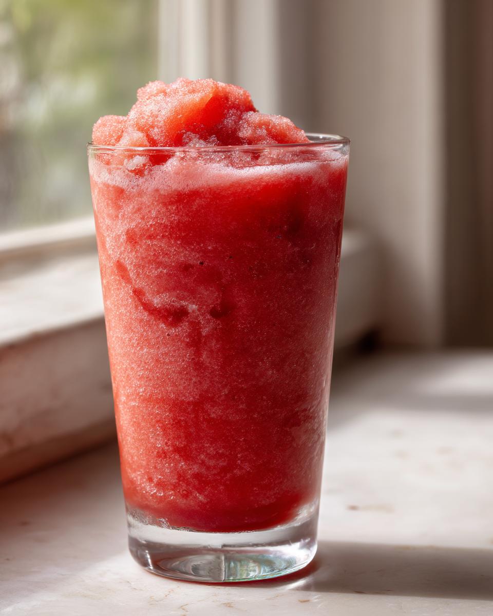 A tall glass filled with a bright red, icy frozen strawberry daiquiri, set against a softly lit window background.