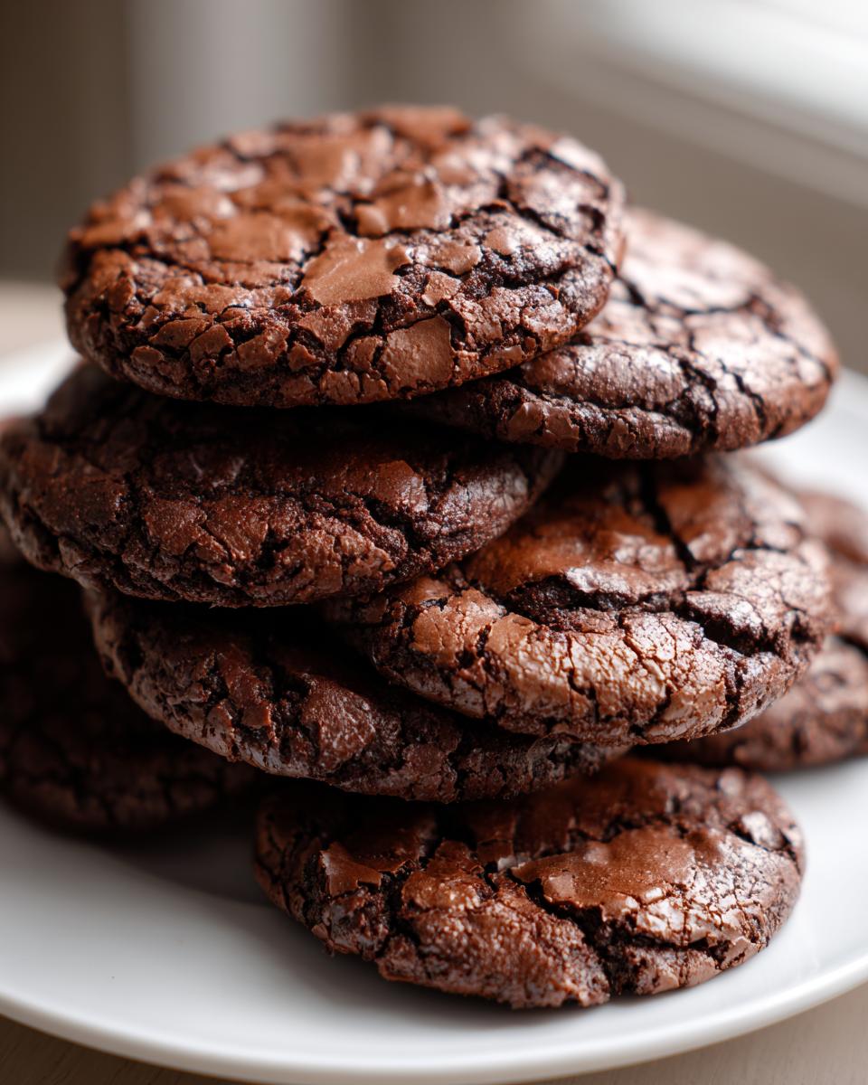 A tempting stack of freshly baked, fudgy chocolate brownie cookies with cracked tops.