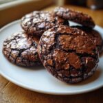 A stack of rich, dark chocolate brownie cookies with shiny, cracked tops on a white plate.