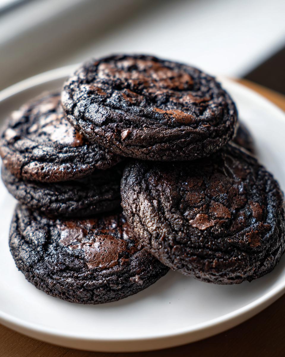 A close-up stack of rich, dark chocolate brownie cookies with cracked, shiny tops.