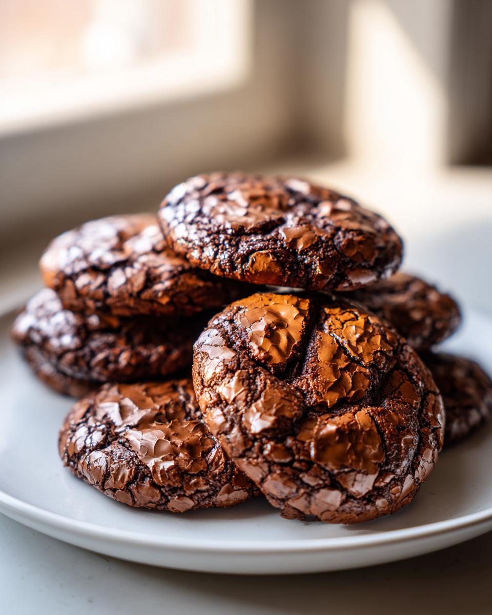 A close-up stack of rich, dark chocolate brownie cookies featuring signature crinkled, shiny tops.