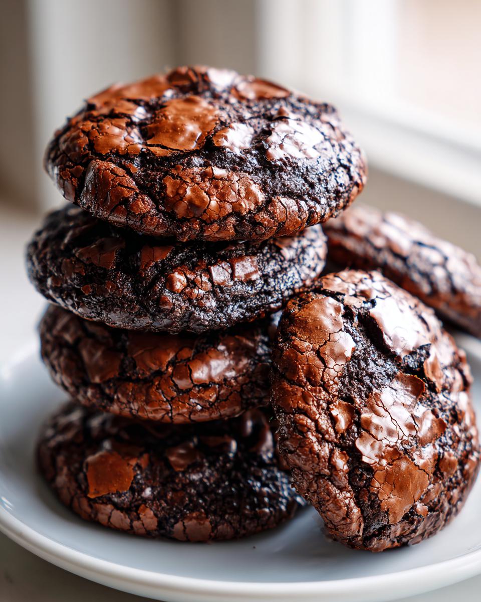 Close-up of a stack of rich, dark chocolate brownie cookies featuring shiny, cracked, and fudgy tops.