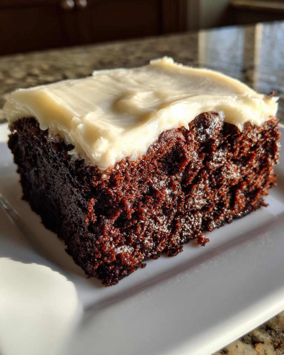 A close-up of a rich, dark slice of gingerbread brownies topped with thick, creamy white frosting.