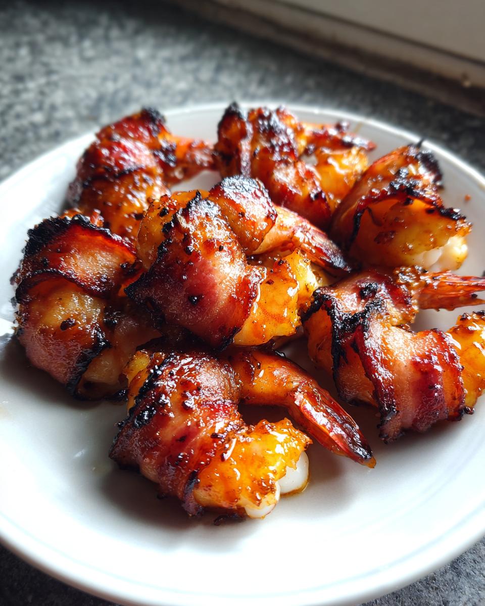 Close-up of several perfectly cooked, glazed bacon wrapped shrimp served on a small white plate.