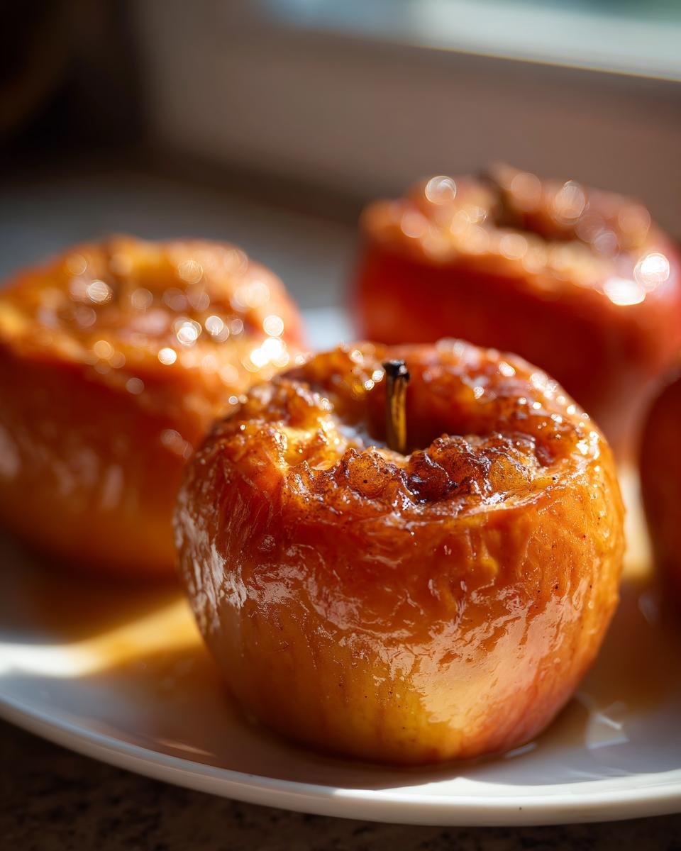 Close-up of three glistening, caramelized baked apples sprinkled with cinnamon on a white plate.