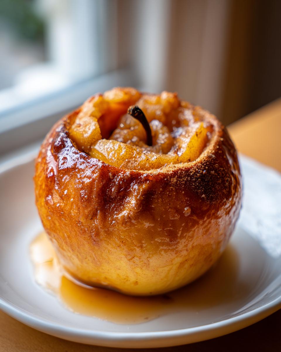 A single, beautifully caramelized baked apples served on a white plate with sweet syrup pooling underneath.
