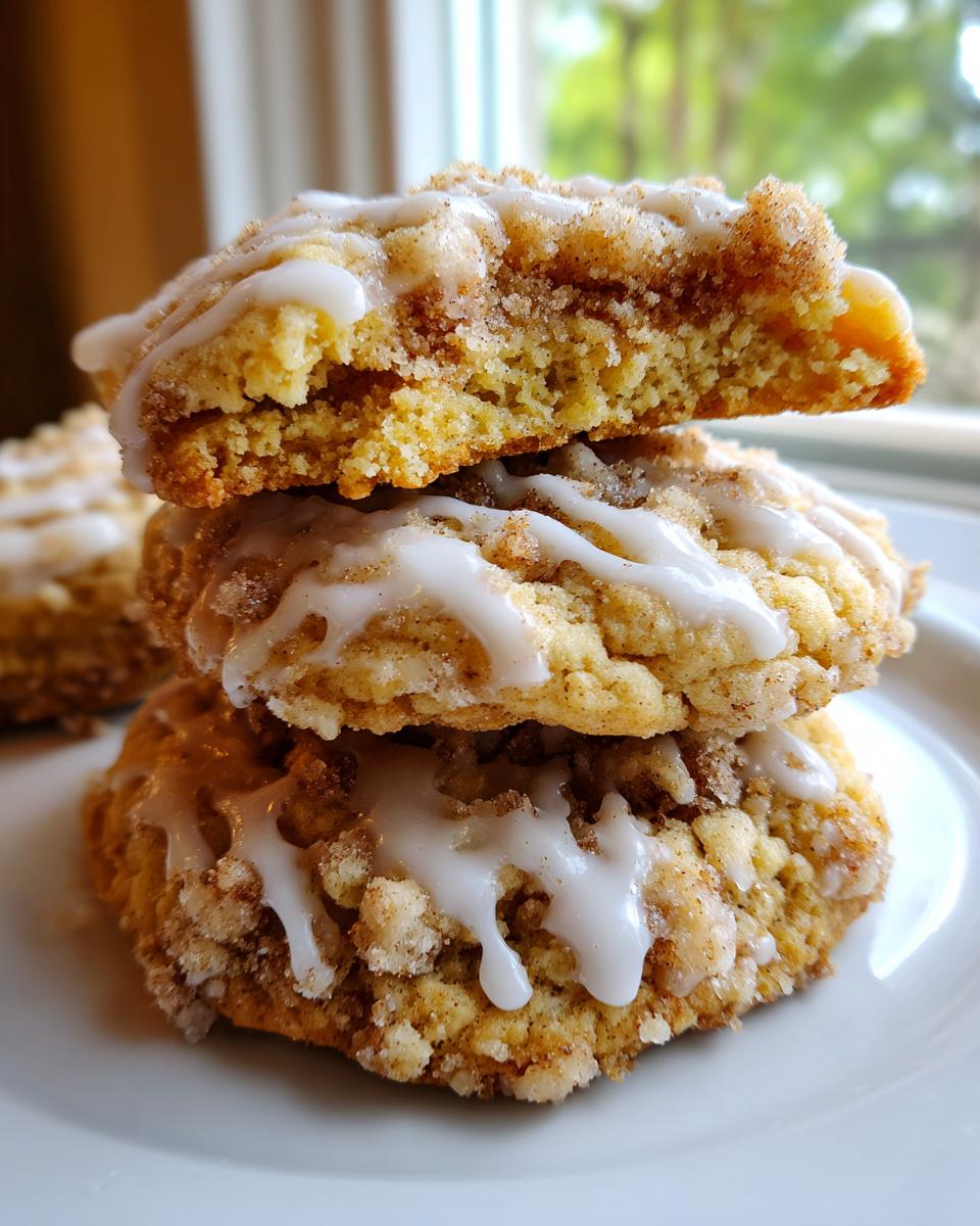 A stack of three delicious coffee cake cookies topped with cinnamon crumb and white glaze.
