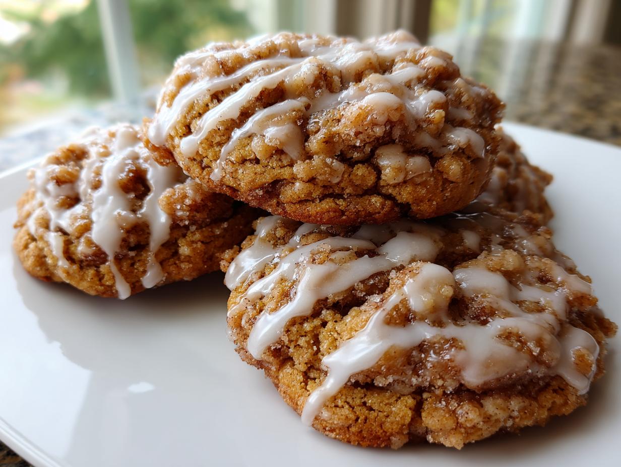 A close-up of several moist coffee cake cookies topped with a sweet white glaze, stacked on a white plate.