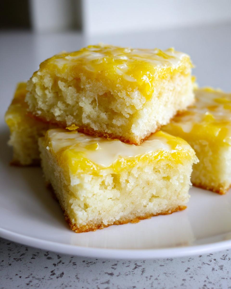 Close-up of stacked, moist lemon brownies topped with a bright yellow and white lemon glaze.