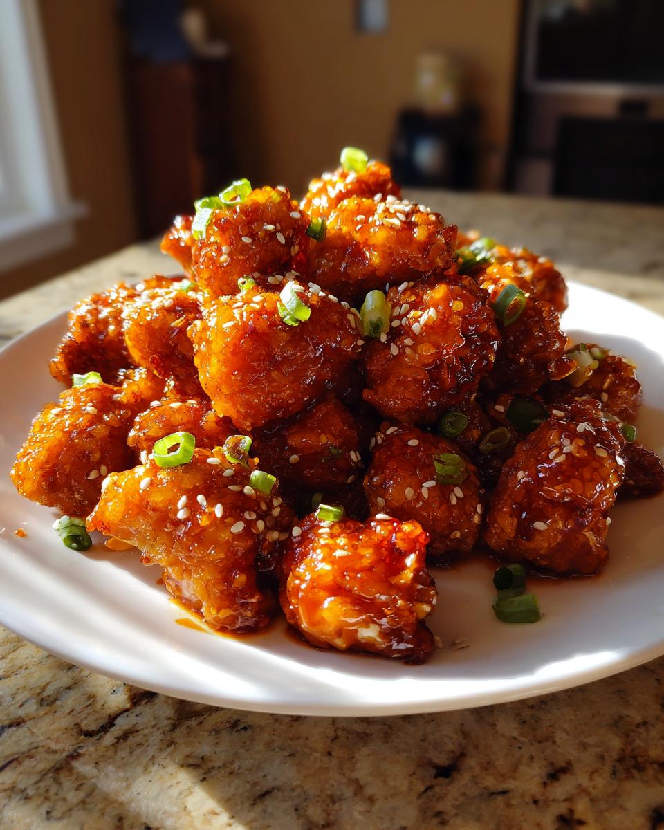 A plate piled high with glossy, glazed orange chicken recipe pieces, garnished with sesame seeds and chopped green onions.