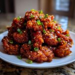 A mound of crispy, glazed orange chicken recipe pieces garnished with sesame seeds and chopped green onions.