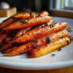 Close-up of perfectly glazed and caramelized roasted baby carrots topped with fresh thyme sprigs.