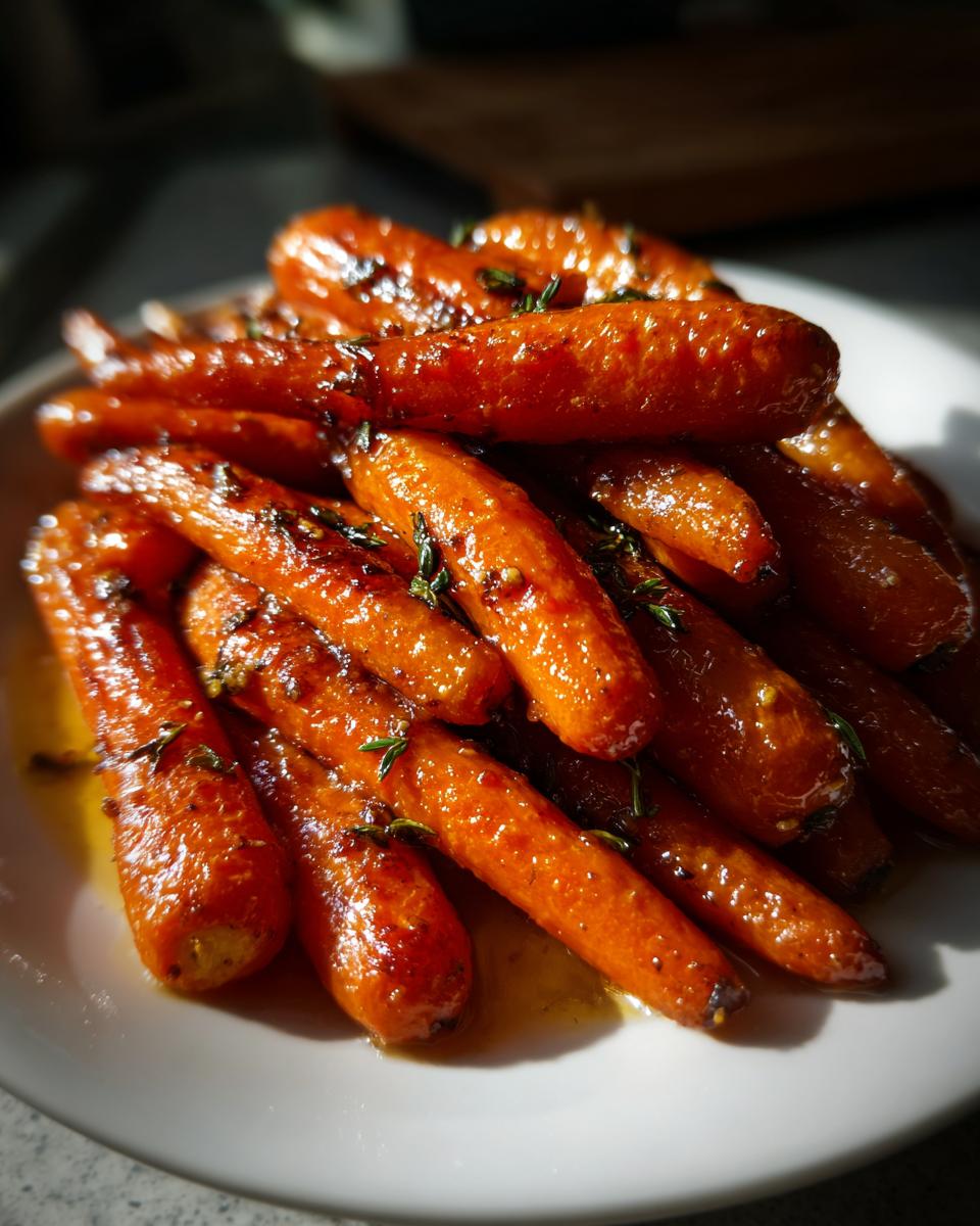 A close-up of perfectly glazed roasted baby carrots seasoned with fresh thyme, served on a white plate.