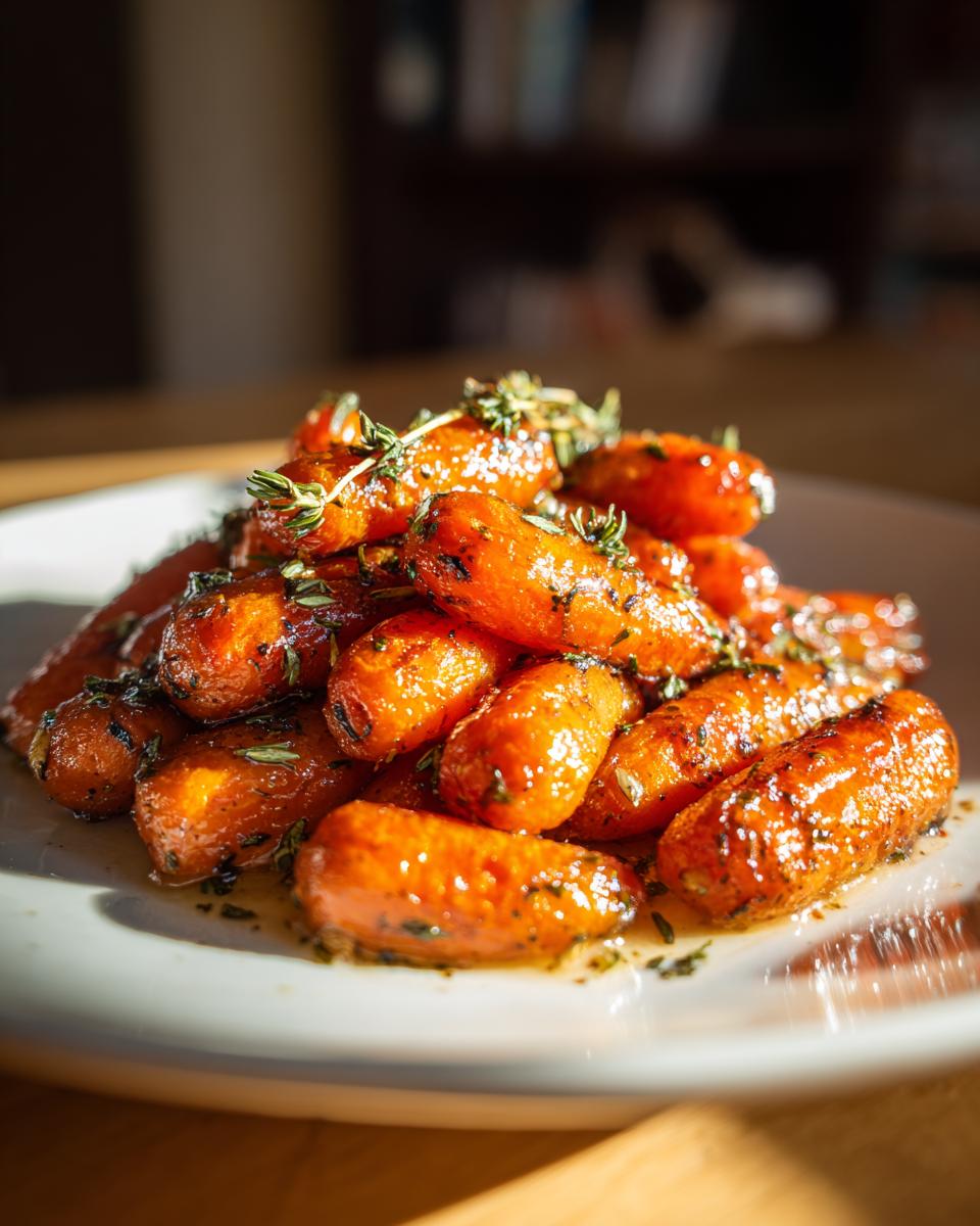 A close-up of glossy, glazed roasted baby carrots seasoned with herbs and topped with fresh thyme sprigs.