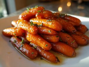 A close-up of glossy, glazed roasted baby carrots piled high and garnished with fresh thyme leaves.
