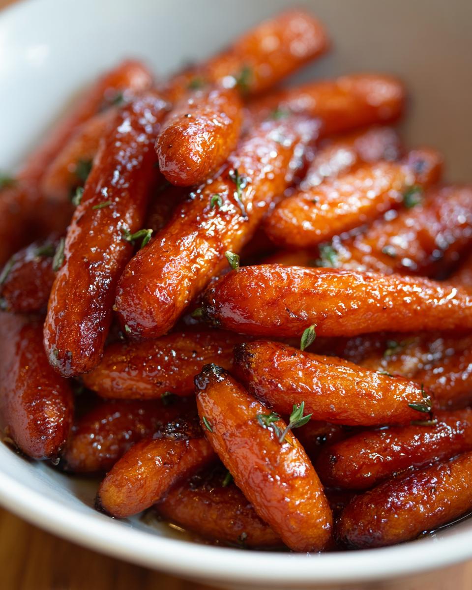 Close-up of perfectly roasted baby carrots coated in a shiny glaze and garnished with fresh thyme leaves.