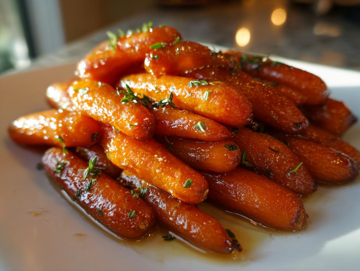 A close-up of glossy, glazed roasted baby carrots piled high and garnished with fresh thyme leaves.