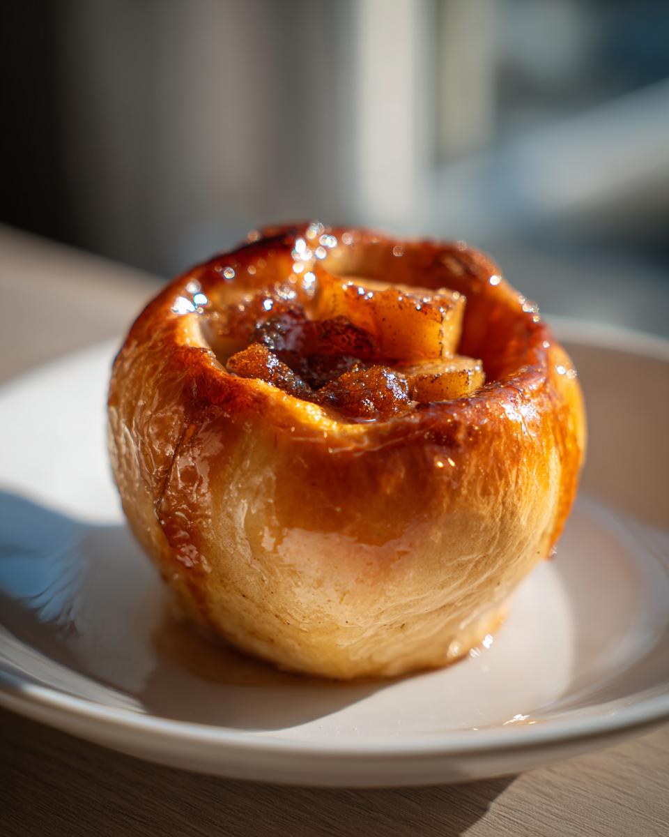 A single, perfectly glazed baked apples dessert sitting on a white plate, showing caramelized filling.