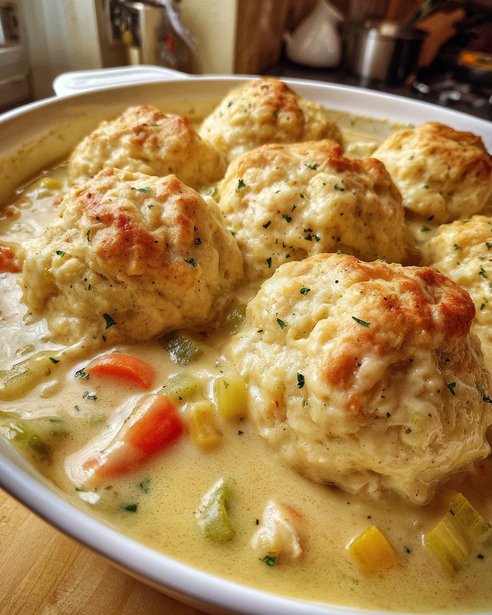 Close-up of fluffy, golden-brown dumplings topping a creamy stew of chicken and vegetables in gluten free chicken and dumplings.