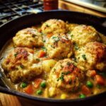 Six fluffy, browned dumplings sitting atop a rich stew with carrots and peas in a cast iron skillet of gluten free chicken and dumplings.