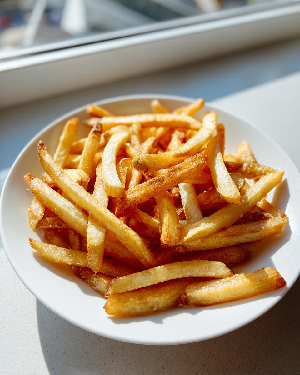 A close-up of perfectly golden and crispy air fryer french fries piled high on a white plate.
