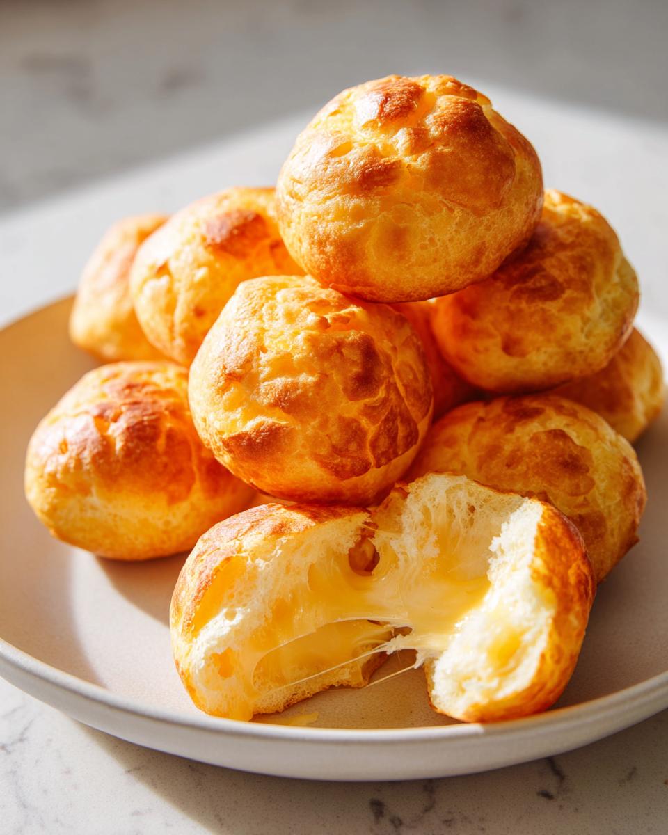 A stack of golden brown Brazilian cheese bread, with one piece broken open showing gooey, melted cheese stretching out.