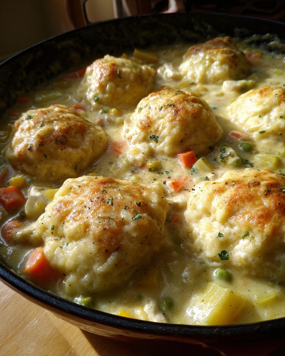 Close-up of golden-topped dumplings nestled in creamy sauce with vegetables for gluten free chicken and dumplings.