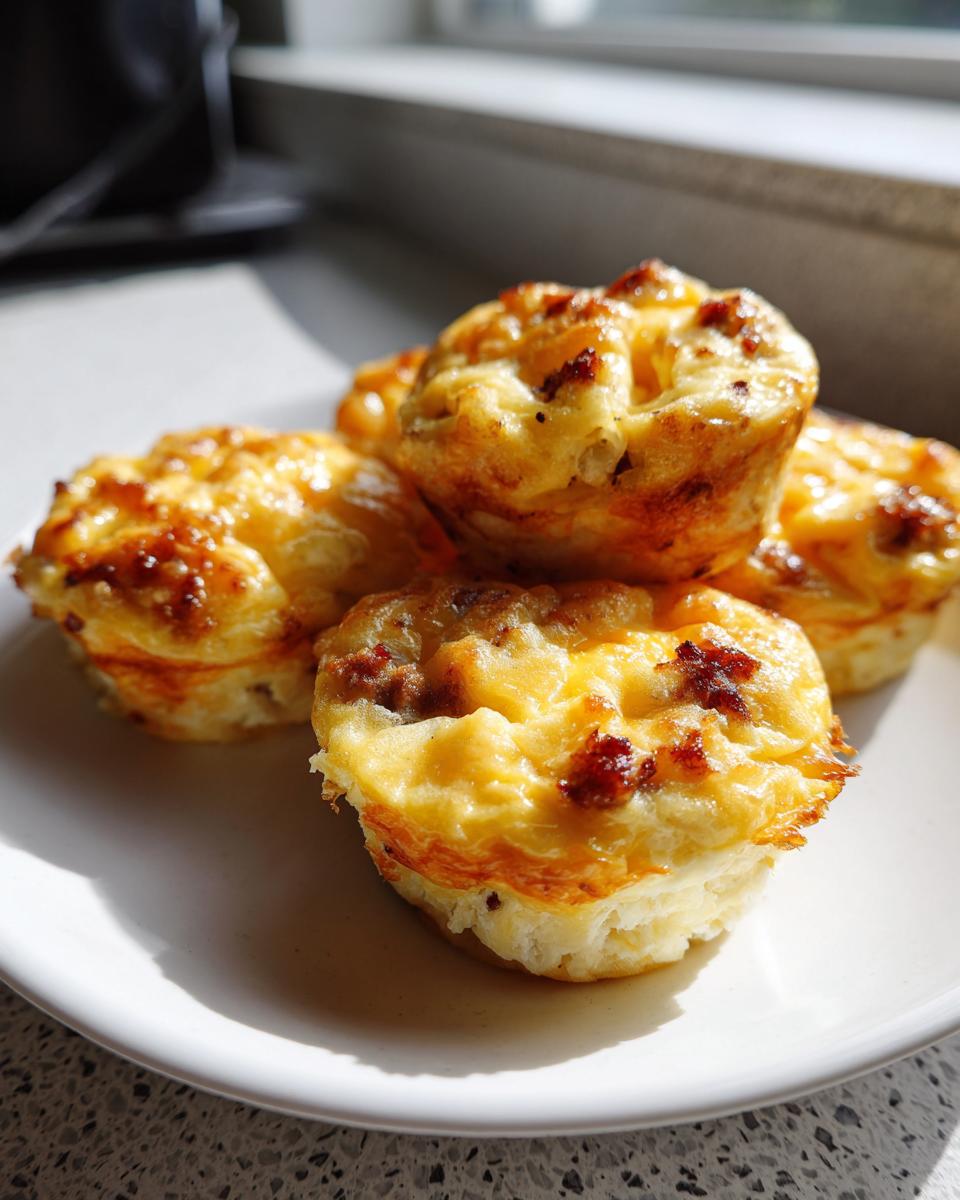 Four golden brown, savory egg bites with visible bits of meat, stacked on a white plate near a window.