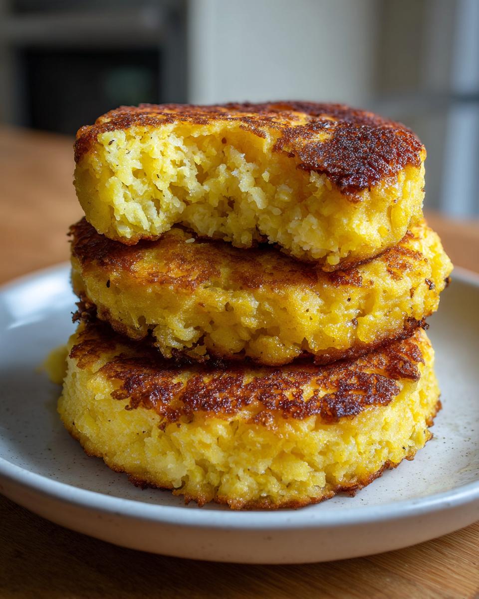A stack of three golden brown fried cornbread patties, with the top one having a bite taken out to show the texture.