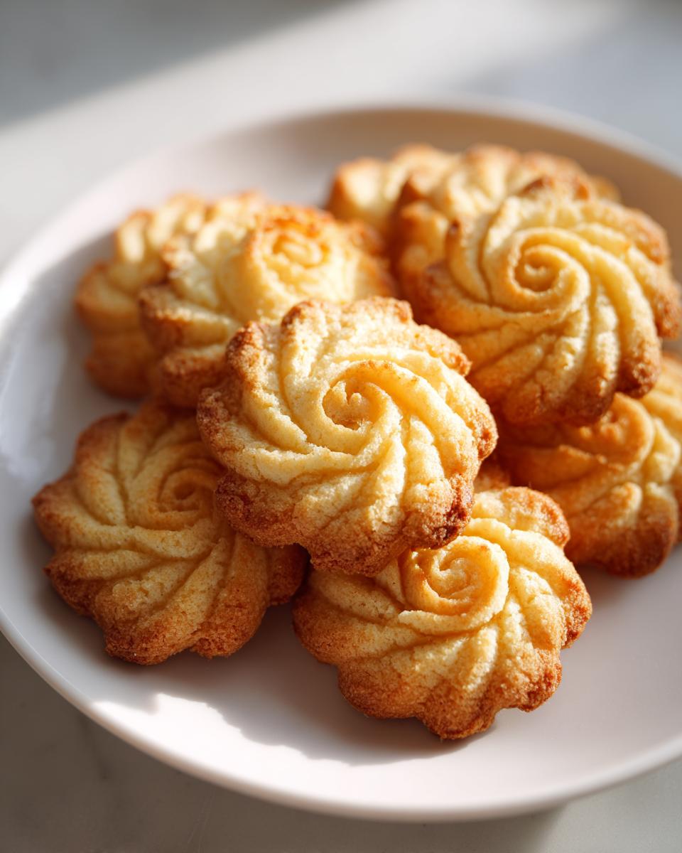 Close-up of several golden brown, piped butter cookie treats shaped like roses on a white plate.
