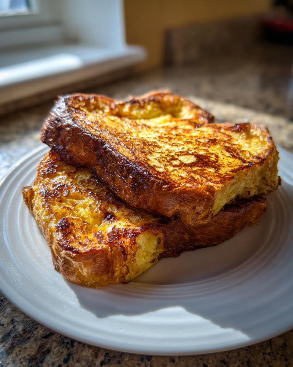 Two thick slices of golden brown sourdough french toast stacked on a white plate, catching bright sunlight.