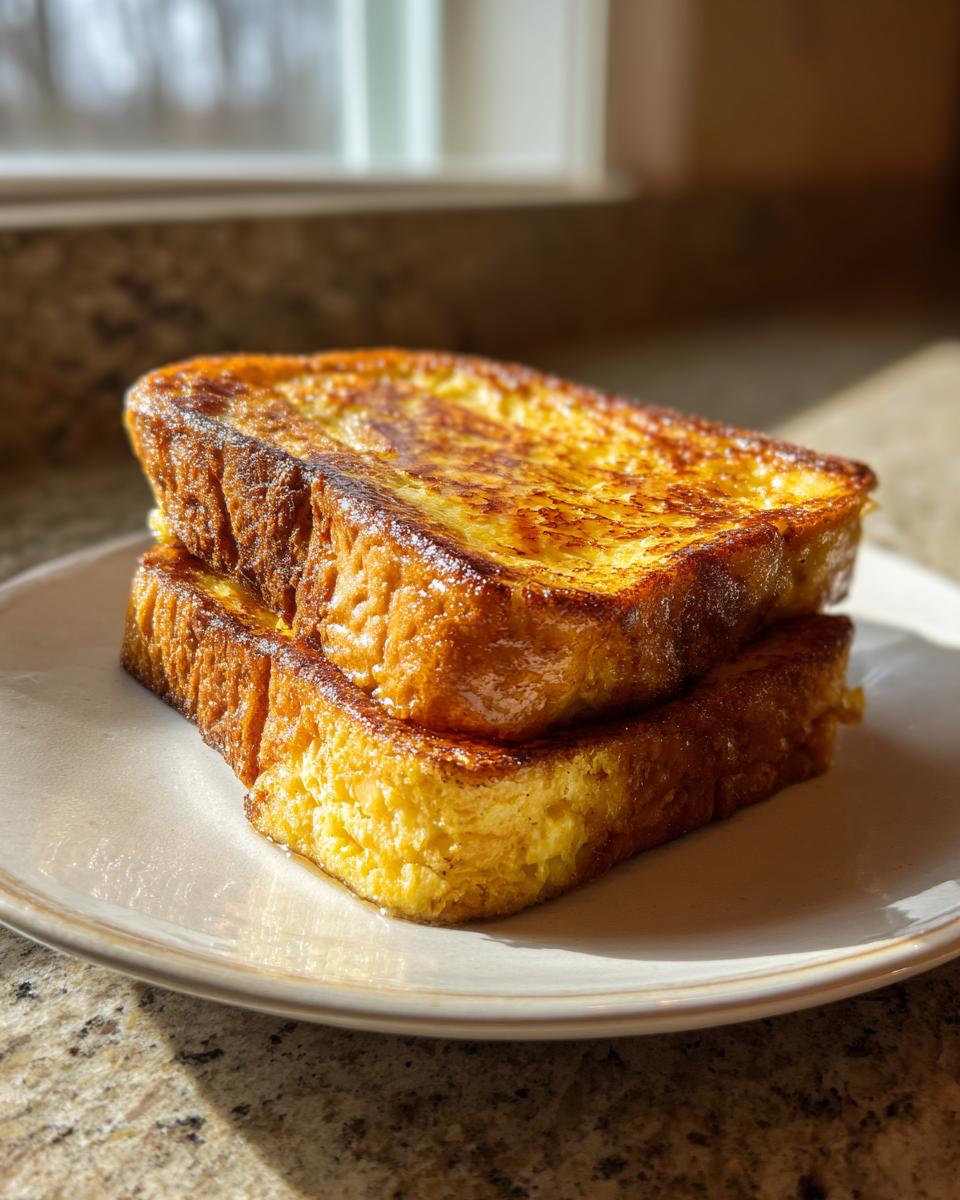 Two thick slices of golden brown sourdough french toast stacked on a white plate.