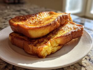 Two thick slices of golden brown sourdough french toast stacked on a white plate, glistening in the sunlight.