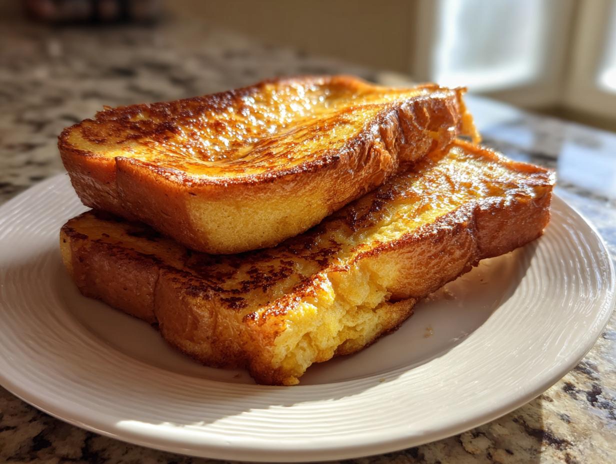 Two thick slices of golden brown sourdough french toast stacked on a white plate, glistening in the sunlight.