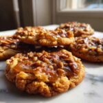 Close-up of several rich, gooey pecan pie cookies topped with caramelized pecans, sitting on a white marble surface.