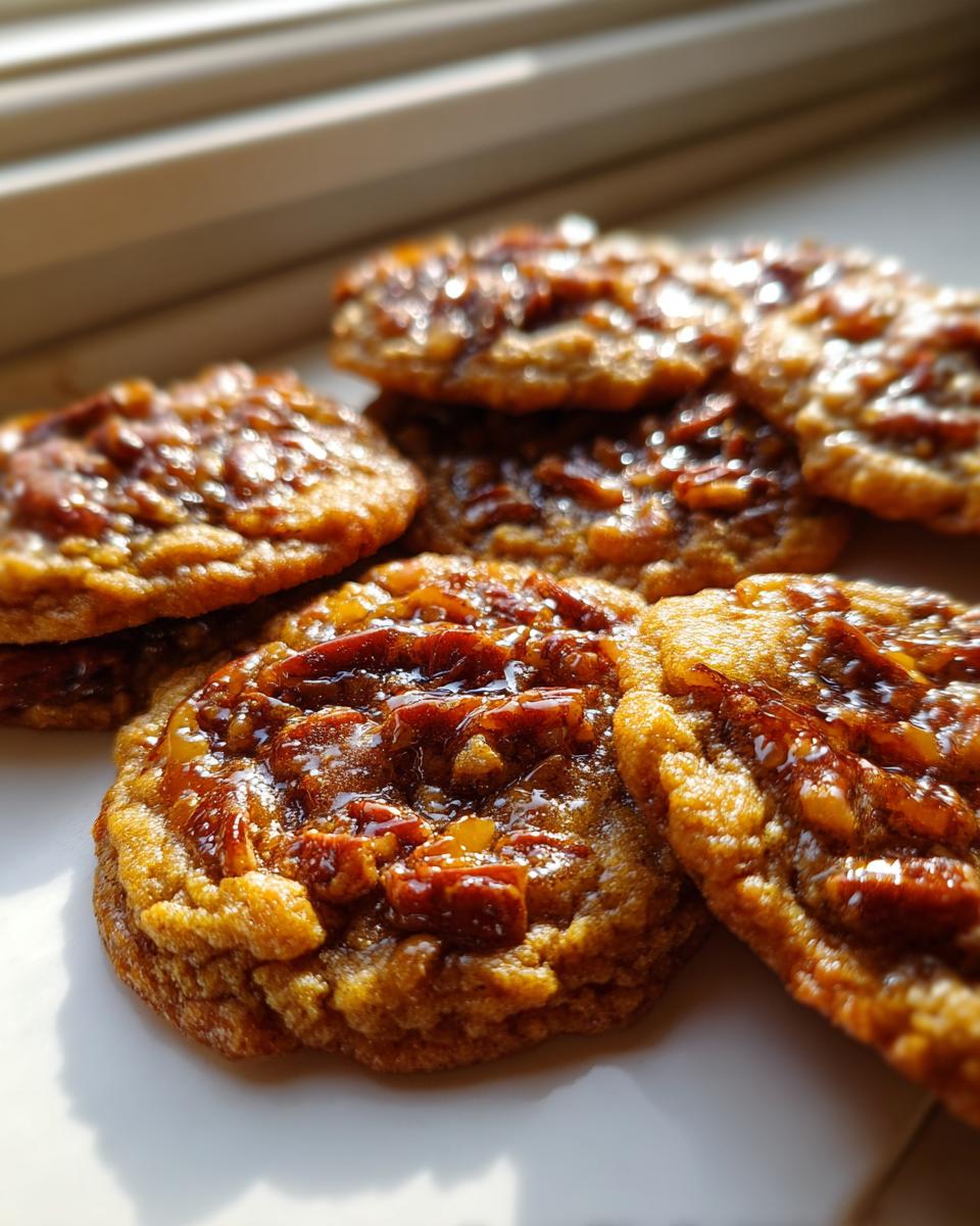A close-up, sunlit shot of several gooey pecan pie cookies stacked on a white surface.