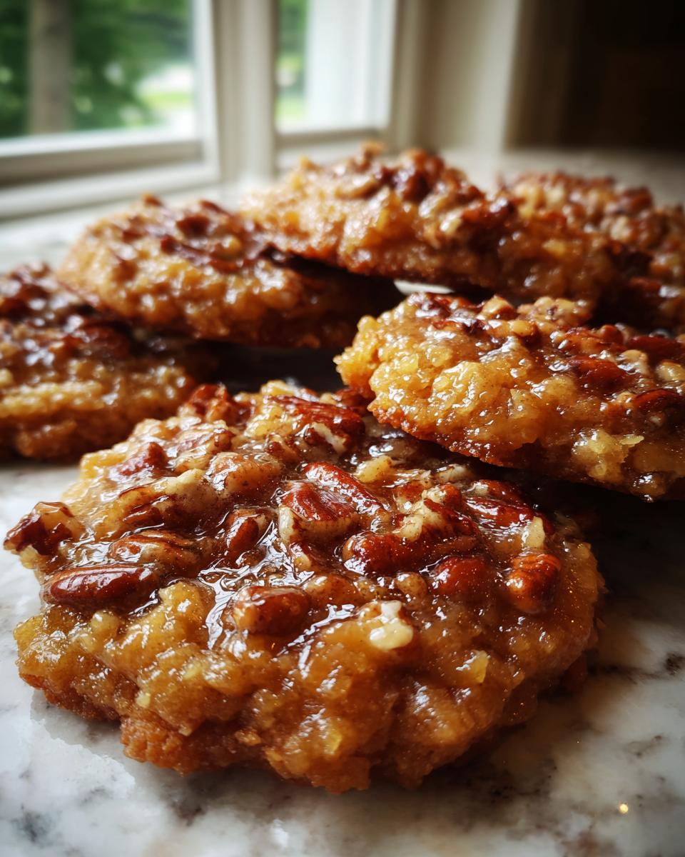 Close-up of several gooey pecan pie cookies topped with shiny caramel glaze and whole pecans, resting on a marble surface.
