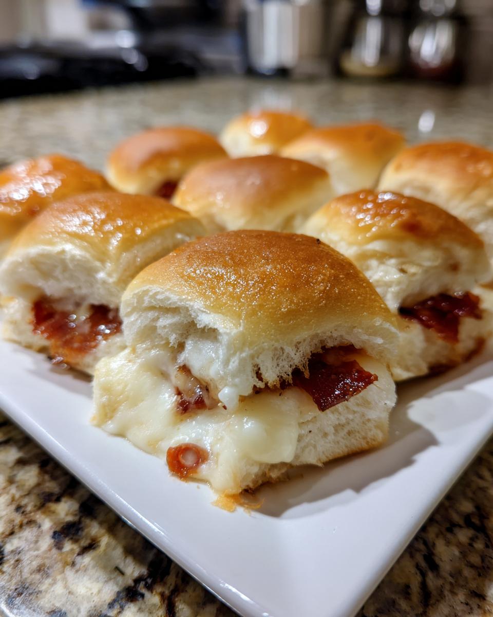 Close-up of gooey, melted cheese and pepperoni oozing from freshly baked pizza sliders on a white platter.