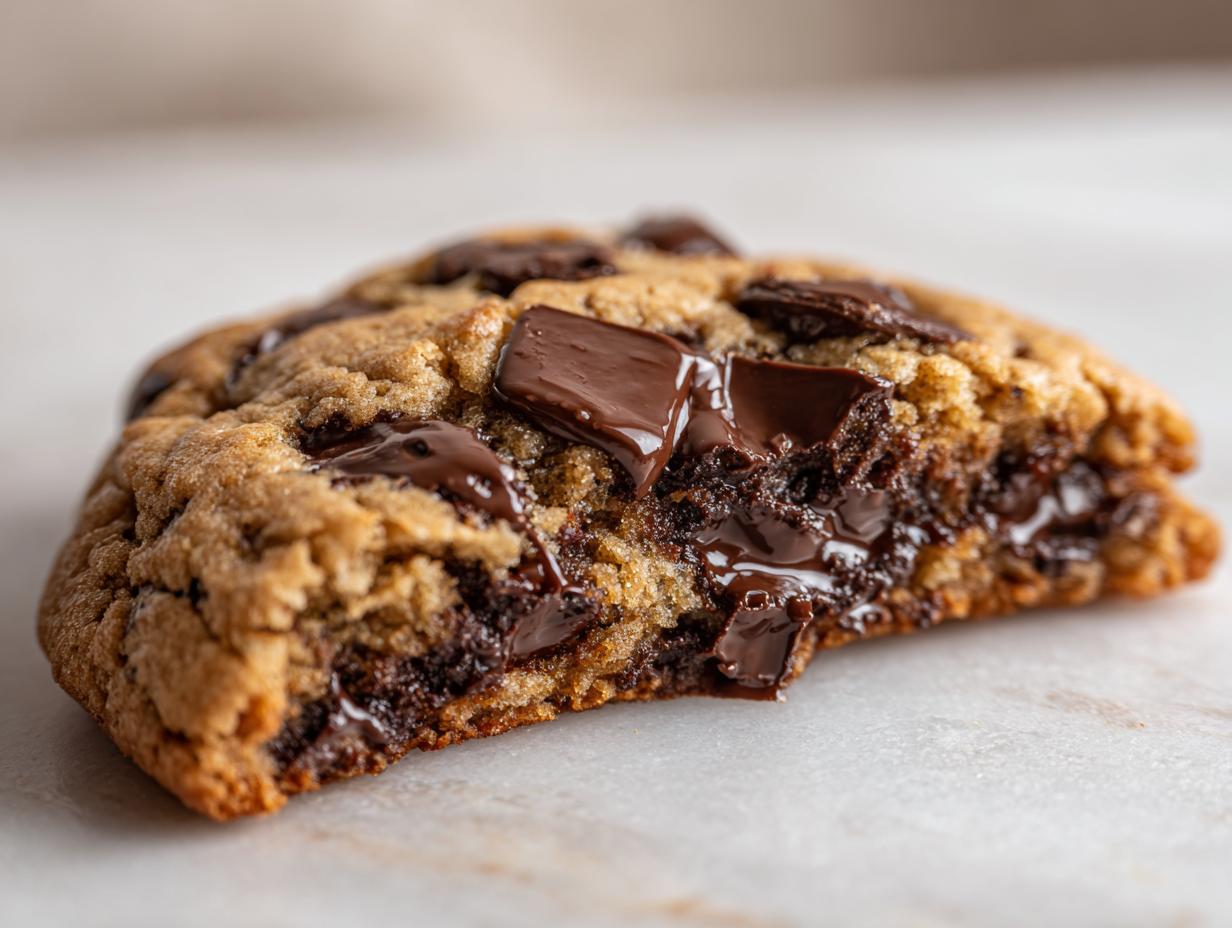 Close-up of a gooey, thick vegan chocolate chip cookies half, showing melted chocolate chunks.