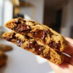 Close-up of a vegan chocolate chip cookie broken in half showing gooey, melted chocolate chunks inside.