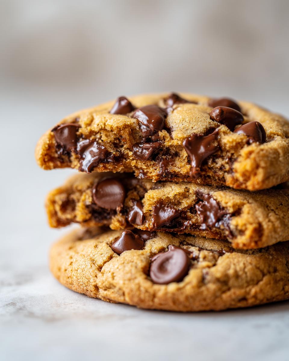 Close-up of three stacked vegan chocolate chip cookies, with the top two broken open revealing gooey, melted chocolate chips.