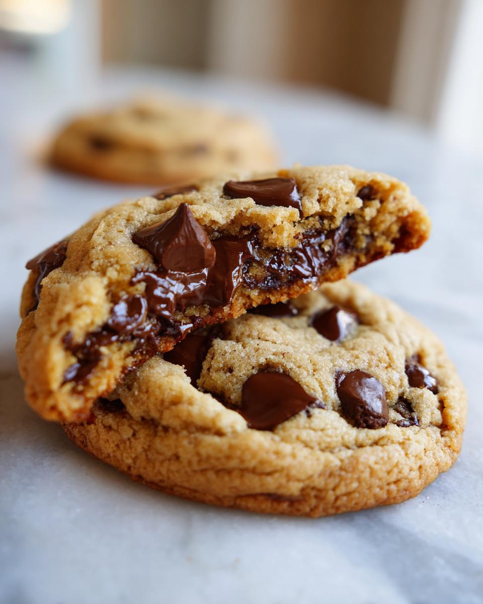 Close-up of a vegan chocolate chip cookie broken in half showing melted chocolate chips inside.