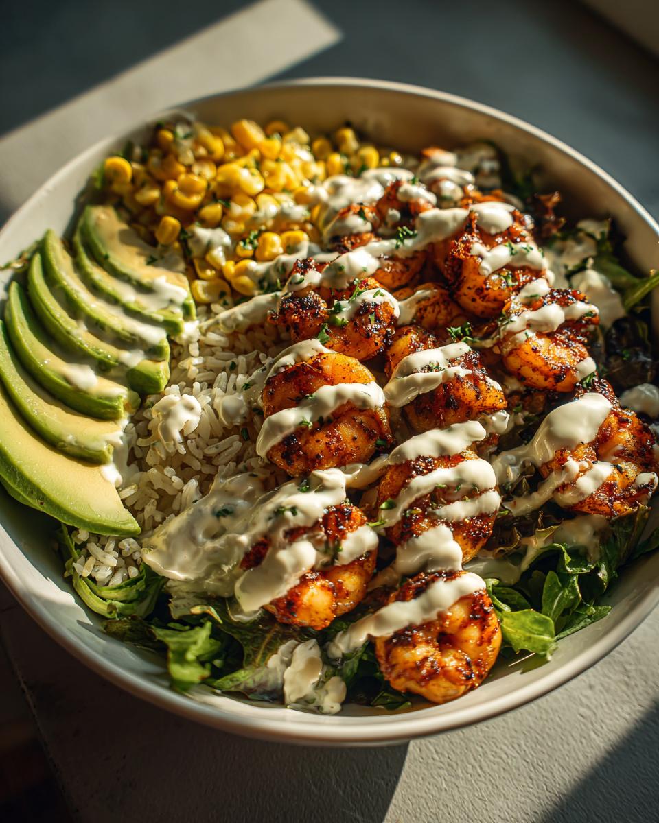 Close-up of a flavorful shrimp bowl featuring seasoned shrimp, rice, sliced avocado, corn, and a creamy white sauce.