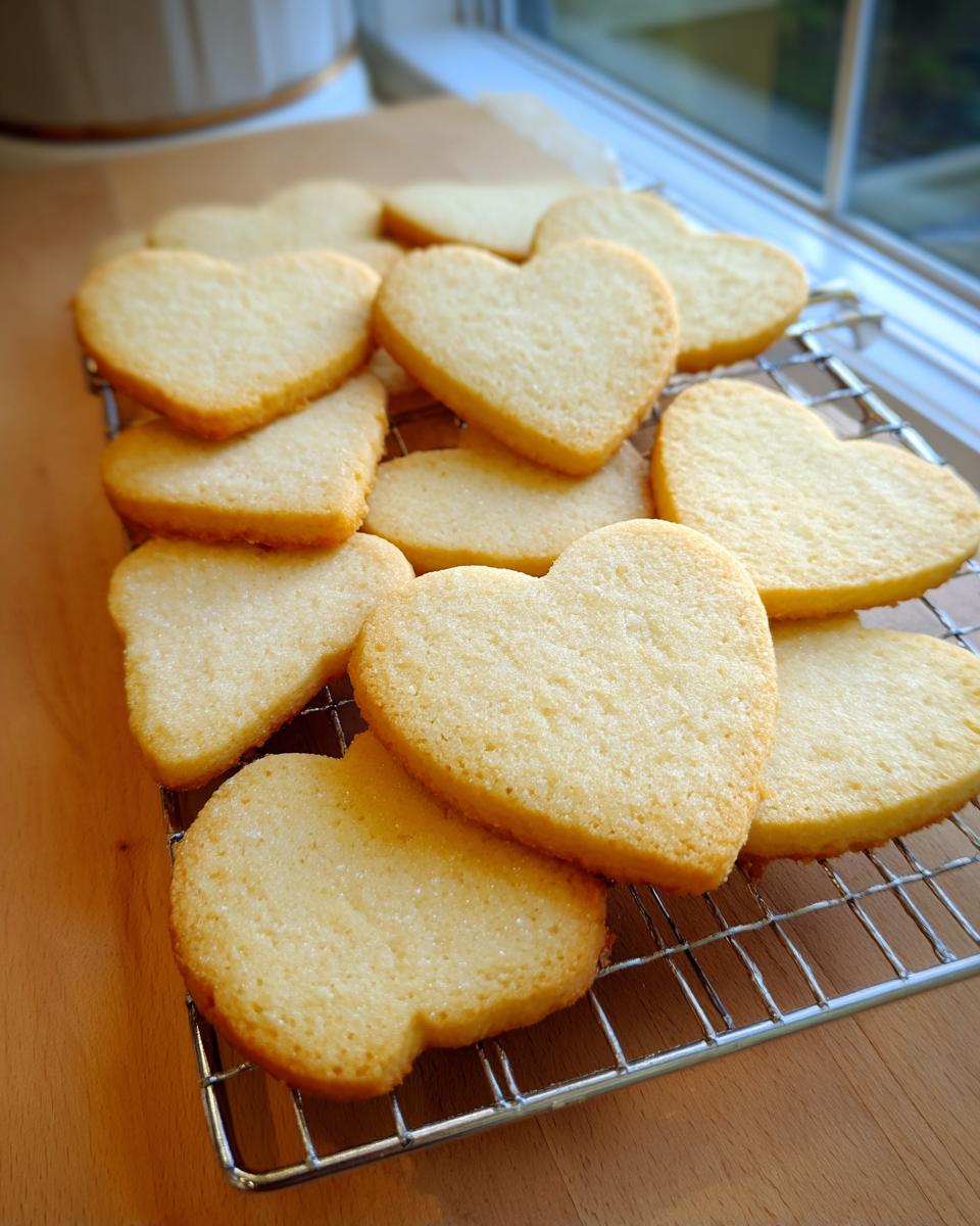 A pile of perfectly shaped, heart-shaped vegan sugar cookies cooling on a wire rack near a window.