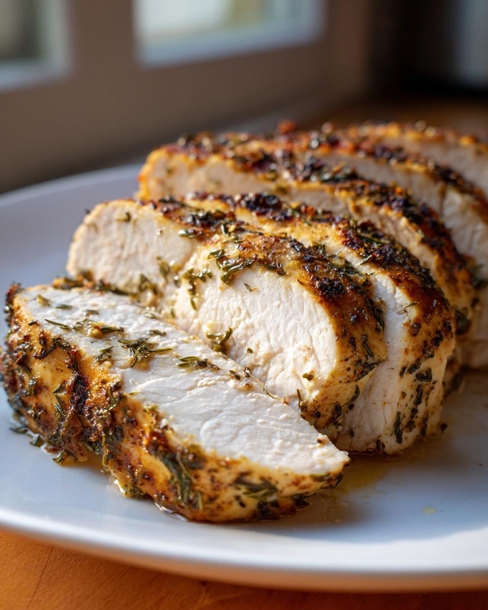 Close-up of perfectly cooked, sliced baked chicken breast seasoned with herbs on a white plate.