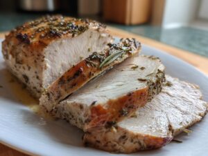 Close-up of a juicy, herb-crusted baked chicken breast, sliced to show the tender white meat.