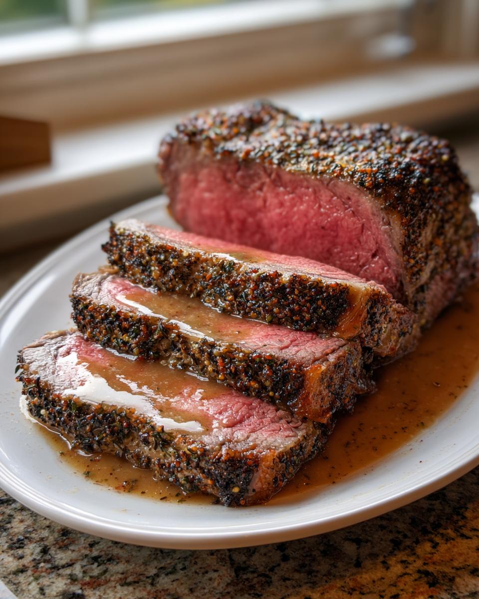 Close-up of perfectly cooked, medium-rare rib roast slices covered in a flavorful herb crust and drizzled with jus.